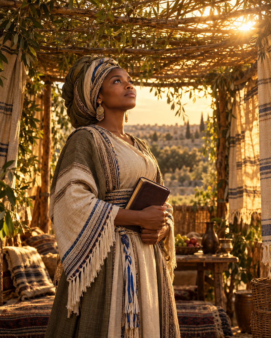A woman in a headwrap and fringed shawl holding a Bible inside a sukkah, looking upward in golden light