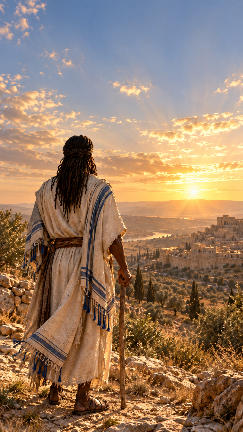 A man in a cream linen robe with a staff, seen from behind, overlooking an ancient city at golden hour