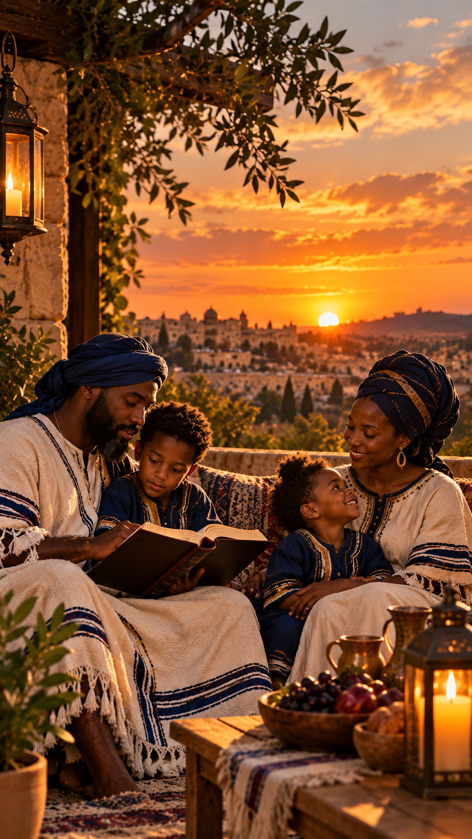 A family reading Scripture on a terrace at sunset with lanterns and an ancient city behind