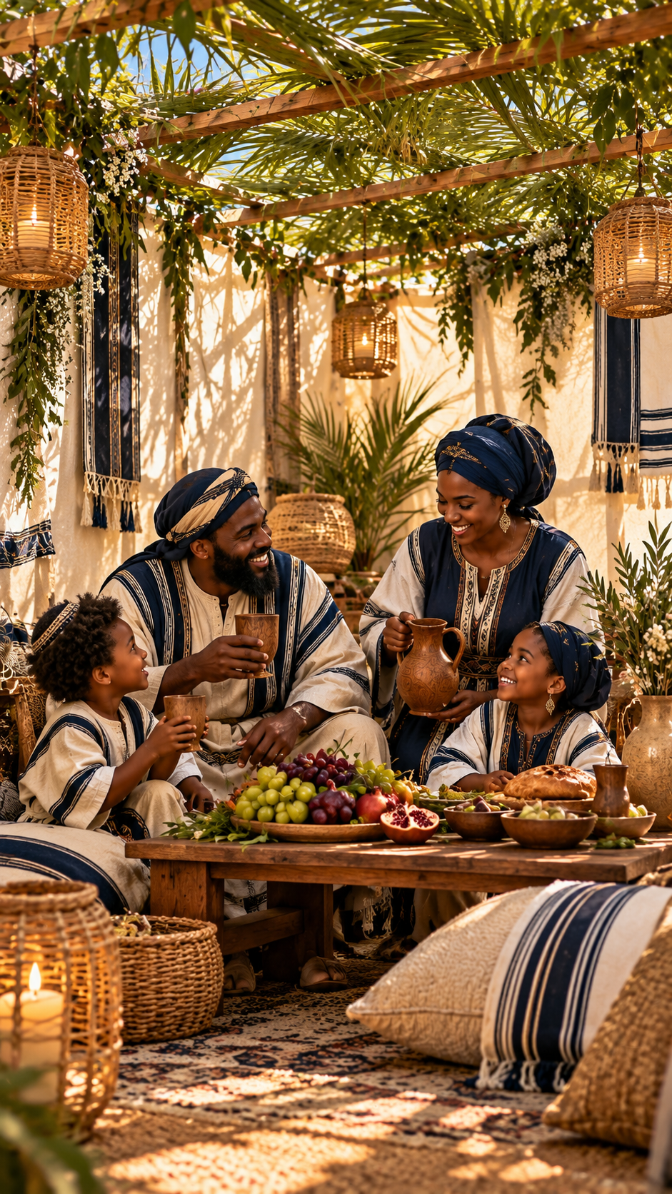 A family laughing at a feast table of fruit and bread under a palm-roofed sukkah